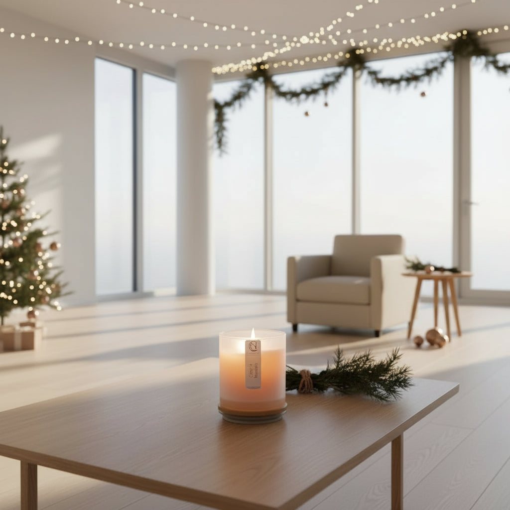 Modern living room with a candle on a table, Christmas tree, and armchair.