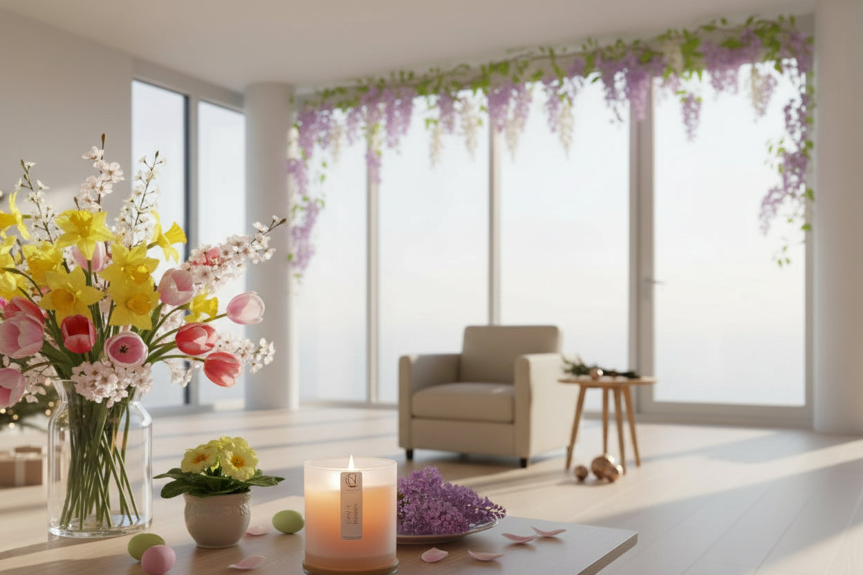 Modern living room with a candle on a table, Christmas tree, and armchair.
